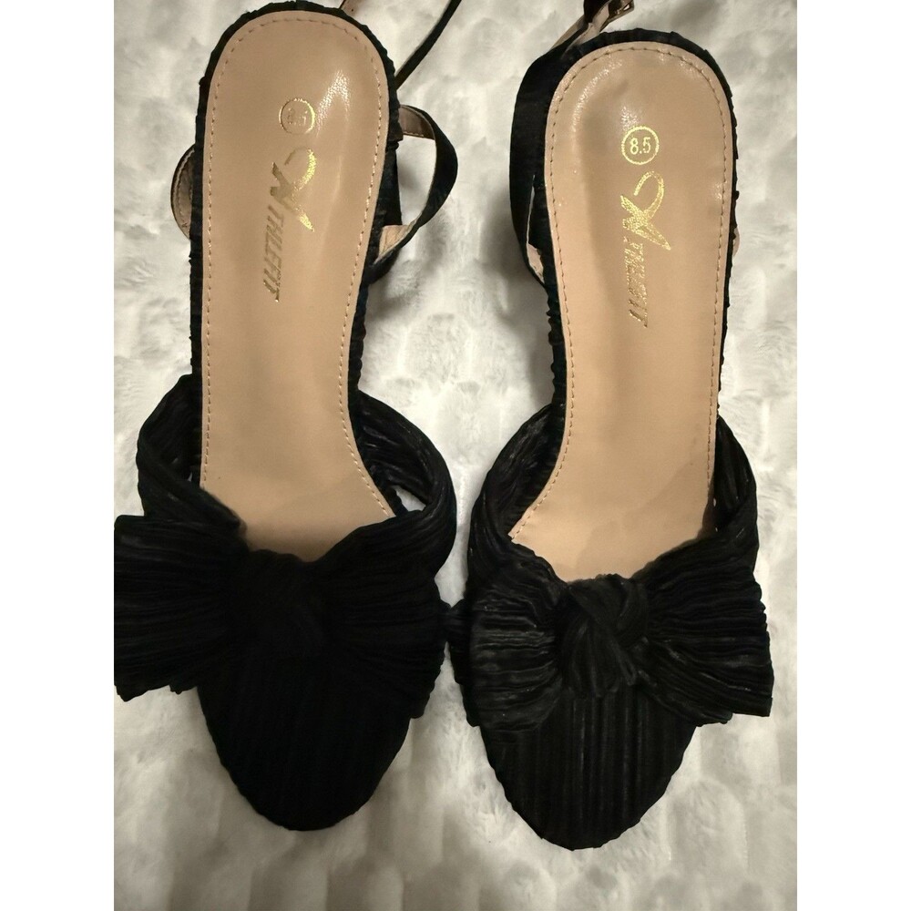 Athlefit Open Toe Chunky Heels Pleated Bow Ankle Strap Heeled Black SIZE:8.5